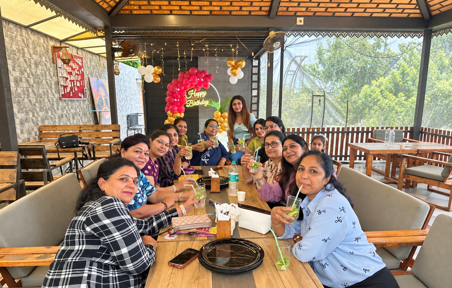 A group celebration at the long table